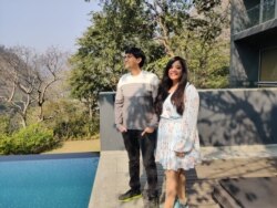 Gloria Saldanha and Rahul Jain at a Rishikesh hotel. (Anjana Pasricha/VOA)