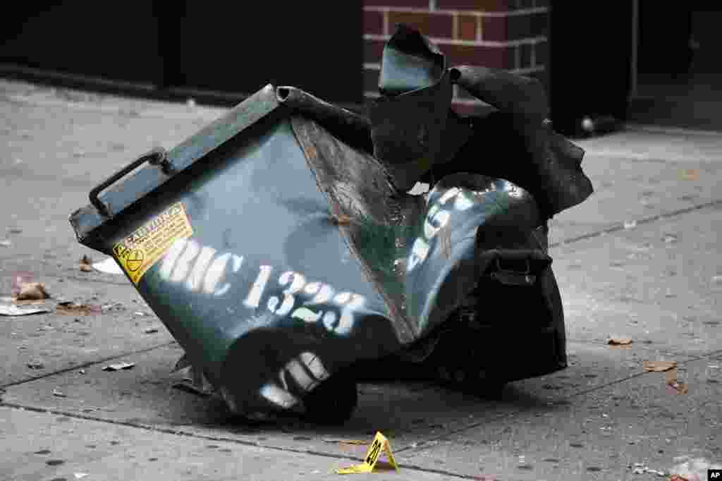 A view of a mangled construction toolbox at the site of an explosion in the Chelsea neighborhood of New York, Sept. 18, 2016.