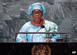 FILE—Isatou Touray, Vice-President of The Gambia, addresses the 76th Session of the U.N. General Assembly at United Nations headquarters in New York, on September 24, 2021