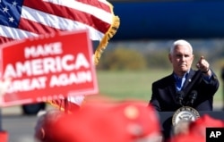 FILE - Vice President Mike Pence speaks at a campaign rally held at the Reading Regional Airport, in Reading, Pa., Oct. 17, 2020. (AP)