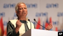 FILE - Nobel Prize laureate Muhammad Yunus speaks at the One Young World summit at Soccer City in Johannesburg, South Africa, Oct. 2, 2013.