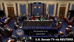 Captura del momento de la votación final del juicio político a Donald Trump en el Senado de Estados Unidos, el 13 de febrero de 2021.