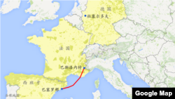 地图显示位置： 班机终点站德国的杜塞尔多夫、启航地点西班牙的巴塞罗那和坠机地点法国的巴斯洛内特