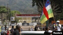 A man holds a flag during a demonstration near the presidential palace, seen in the background, in Bangui, Central African Republic, Jan. 5, 2013.