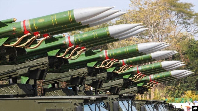 Myanmar's military trucks loaded with missiles are seen during a ceremony marking Myanmar's 75th anniversary of Independence Day in Naypyitaw, Myanmar, Wednesday, Jan. 4, 2023.