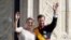 Luxembourg's Prince Guillaume and Countess Stephanie wave from the balcony of the Royal Palace after their wedding in Luxembourg, October 20, 2012.
