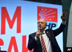 Muharrem Ince, a lawmaker with Turkey's main opposition Republican People's Party, CHP, delivers a speech at his party congress where he was announced as a presidential candidate, in Ankara, Turkey, May 4, 2018.