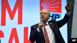 Muharrem Ince, a lawmaker with Turkey's main opposition Republican People's Party, CHP, delivers a speech at his party congress where he was announced as a presidential candidate, in Ankara, Turkey, May 4, 2018. 
