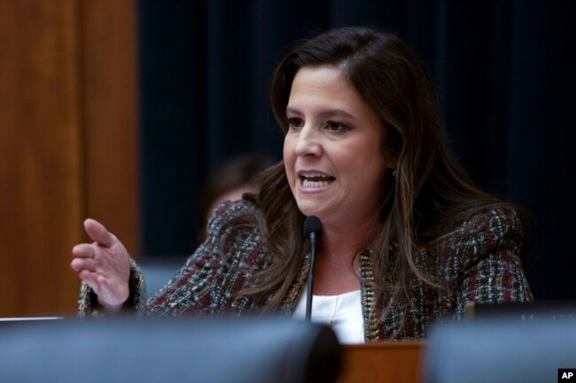 FILE - Rep. Elise Stefanik, R-N.Y., speaks during a hearing of the House Committee on Education on Capitol Hill, Tuesday, Dec. 5, 2023 in Washington. (AP Photo/Mark Schiefelbein)