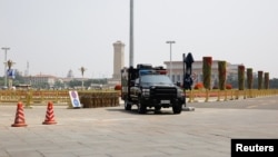A police vehicle is deployed in Tiananmen Square in Beijing, June 4, 2019. 