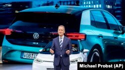 CEO of Volkswagen Herbert Diess introduces the new VW ID.3 at the IAA Auto Show in Frankfurt, Germany, Monday, September 9, 2019.