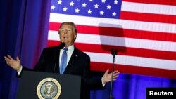 U.S. President Donald Trump delivers remarks at the state fairgrounds in Indianapolis, Indiana, Sept. 27, 2017. 