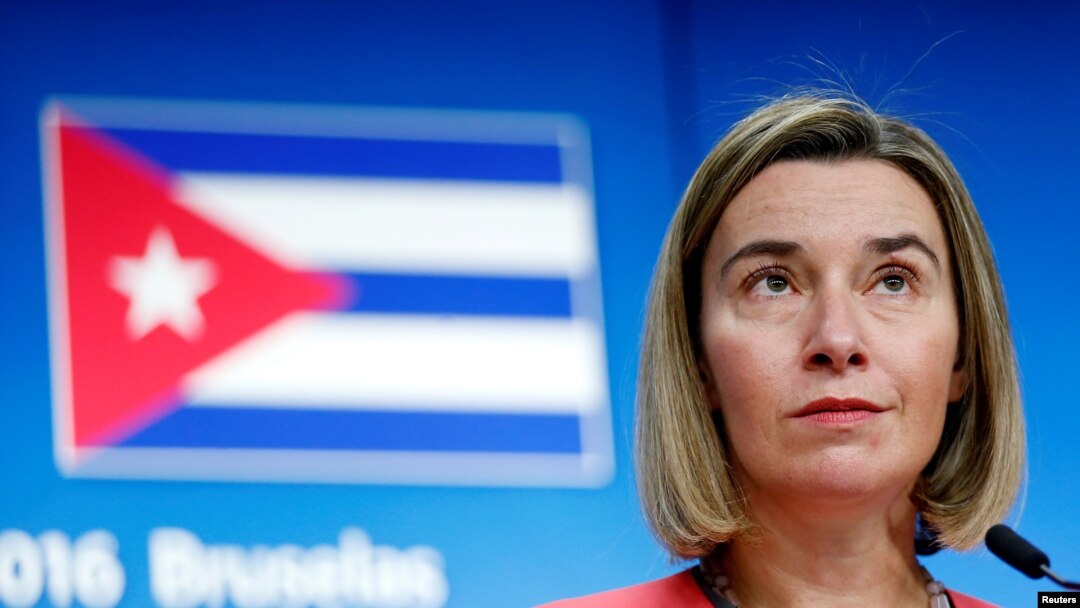 FILE - European Union foreign policy chief Federica Mogherini holds a news conference after meeting Cuba's Foreign Minister Bruno Rodriguez at the EU Council in Brussels, Belgium.