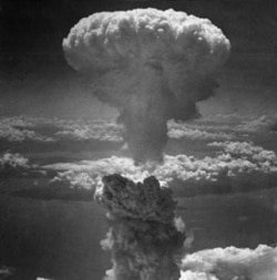 The second atomic bomb ever used in warfare explodes over Nagasaki, Japan, on August 9, 1945