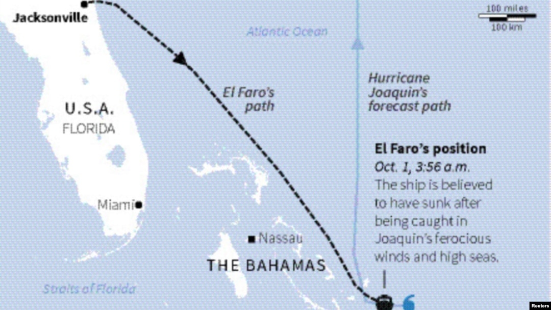 Peta yang menunjukkan proyeksi topan Joaquin dan rute kapal kargo El Faro yang tenggelam saat topan tersebut melanda kawasan Bahama (foto: ilustrasi).