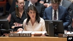 U.S. Ambassador to the United Nations Nikki Haley speaks during a Security Council meeting on the situation in Gaza, May 15, 2018, at United Nations headquarters in New York.