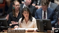 美国常驻联合国代表黑利大使在安理会发言。（2018年5月15日）