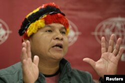 Carlos Sandi, president of Amazon's native communities of the Corrientes basin, speaks during a news conference with the foreign media in Lima, Peru, Aug. 22, 2017.