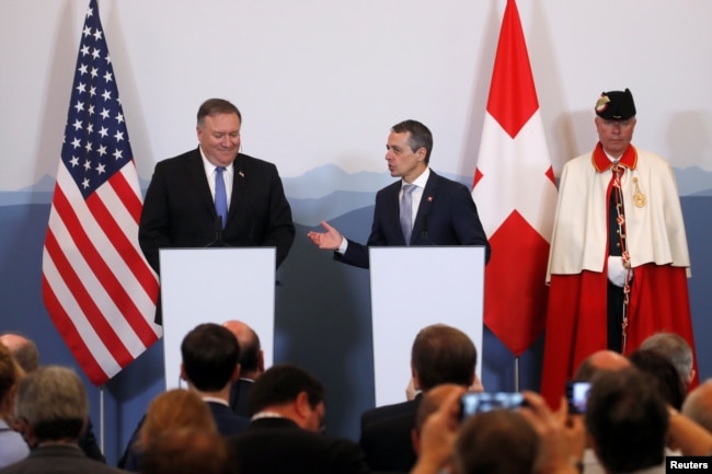 U.S. Secretary of State Mike Pompeo and Swiss Foreign Minister Ignazio Cassis attend a joint news conference at the medieval Castelgrande castle in Bellinzona, Switzerland, June 2, 2019.