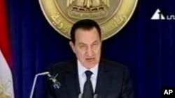 In this image made from video broadcast on Friday, Jan. 28, 2011, Egyptian President Hosni Mubarak appears on television, in his first appearance on television since protests erupted demanding his ouster