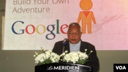 Mr. Bun Narith, General Director of APSARA Authority welcomes Google's street view technology for Angkor at the launch ceremony at the Le Meridien Angkor hotel in Siem Reap, Cambodia, April 3, 2014. (Khoun Theara/VOA Khmer)