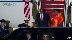 South African President Jacob Zuma and his wife Bongi Ngema arrive at Andrews Air Force Base, Md., Aug. 3, 2014 to attend the US - Africa Leaders Summit.