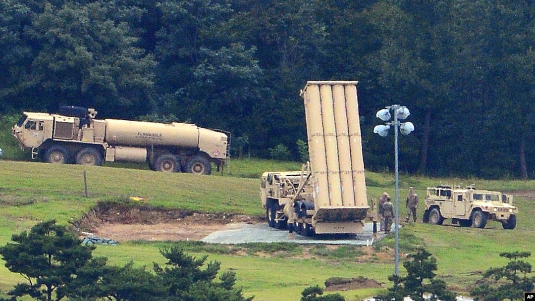 FILE - US missile defense system called Terminal High Altitude Area Defense, or THAAD, is seen at a golf course in Seongju, South Korea, Sept. 6, 2017. 