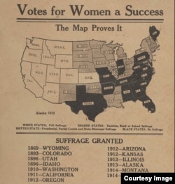 This map charting and promoting the progress of women's sufferage is from around 1914. (From "A History of America in 100 Maps")