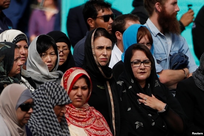 New Zealand's Prime Minister Jacinda Ardern attends the Friday prayers at Hagley Park outside al-Noor mosque in Christchurch, New Zealand, March 22, 2019.
