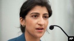 FILE - Lina Khan, nominated for a spot on the Federal Trade Commission, speaks at her confirmation hearing, April 21, 2021, on Capitol Hill. Khan was sworn in as FTC chair June 15, hours after the Senate confirmed her nomination as a commissioner.