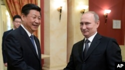 Presiden Rusia Vladimir Putin dan Presiden China Xi Jinping dalam pertemuan di Sochi, Februari 2014. 