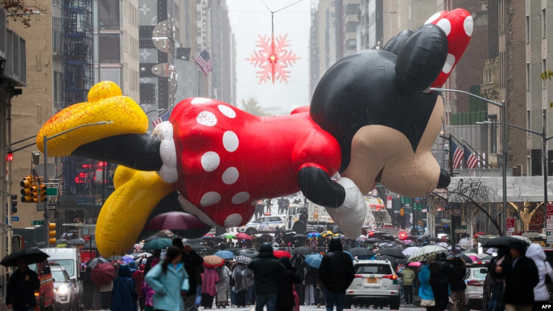 The Minnie Mouse balloon floats during the annual Macy's Thanksgiving Day Parade in New York on Nov. 28, 2024.
