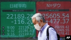 A man walks past an electronic stock board showing Japan's Nikkei 225 index and New York Does index at a securities firm in Tokyo Monday, June 15, 2020. Asian shares were mostly lower Monday on concern over a resurgence of coronavirus cases and…