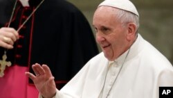 Pope Francis greets faithful during his weekly general audience, in the Pope Paul VI hall, at the Vatican, Jan. 18, 2017. 