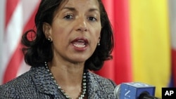 U.S. Ambassador Susan Rice speaks during a press conference consultations at the United Nations headquarters. Rice, the current president of the United Nations Security Council, and other council members are meeting to discuss Thursday's failed rocket lau
