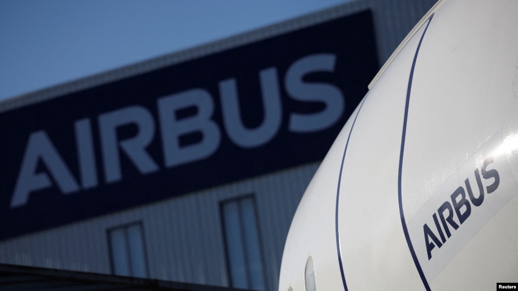 The logo of Airbus is pictured outside the Airbus facility in Saint-Nazaire, France, November 7, 2023. REUTERS/Stephane Mahe