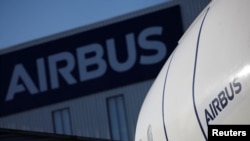 The logo of Airbus is pictured outside the Airbus facility in Saint-Nazaire, France, November 7, 2023. REUTERS/Stephane Mahe
