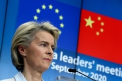 European Commission President Ursula von der Leyen attends an online press conference at the European Council building in Brussels, Sept. 14, 2020.