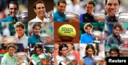 This combination photo shows Rafael Nadal celebrating all of his French Open championships since 2005. (Reuters)