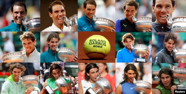 This combination photo shows Rafael Nadal celebrating all of his French Open championships since 2005. (Reuters)