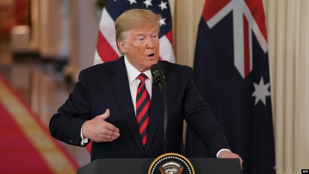 Presiden AS Donald Trump saat konferensi pers bersama PM Australia Scott Morrison (tidak tampak) di Gedung Putih, Jumat (20/9). 