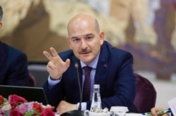 FILE - Turkish Interior Minister Suleyman Soylu speaks during a news conference in Istanbul, Turkey, Aug. 21, 2019.