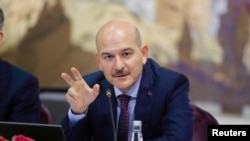 FILE - Turkish Interior Minister Suleyman Soylu speaks during a news conference in Istanbul, Turkey, Aug. 21, 2019. 