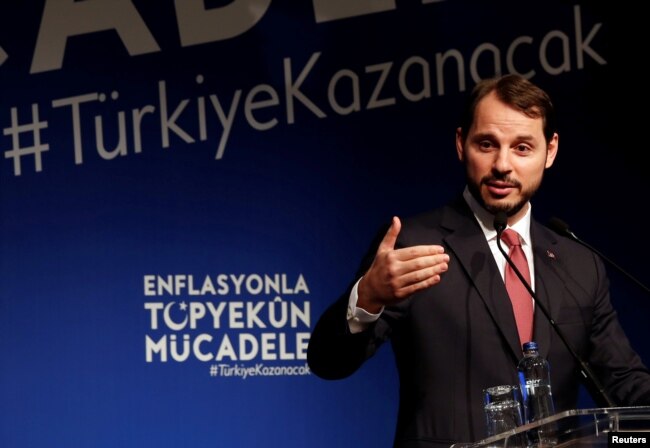 Turkish Finance Minister Berat Albayrak speaks during an event to announce his program to fight inflation, in Istanbul, Oct. 9, 2018.