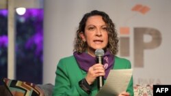 Colombian journalist Jineth Bedoya Lima speaks at a press conference in Bogota, Oct. 19, 2021.