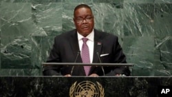 FILE - Malawi President Peter Mutharika addresses the 71st session of the United Nations General Assembly, at U.N. headquarters, in New York, Sept. 20, 2016.
