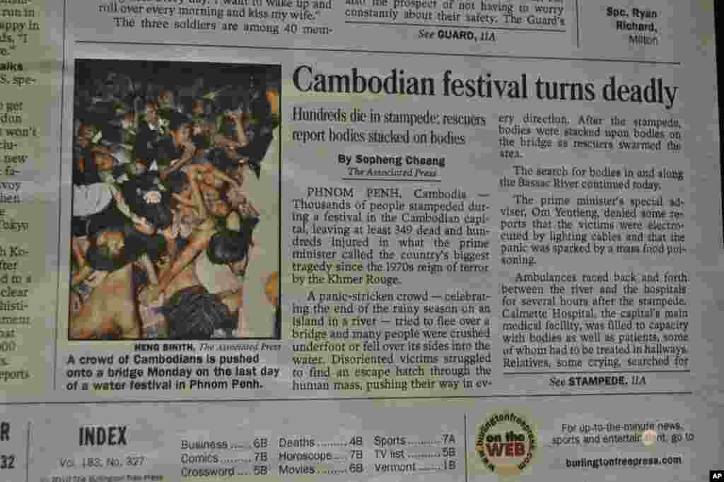 A newspaper in the state of Vermont features the Cambodian story.