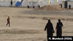 Öldürülmüş, yaxud əsir götürülmüş İŞİD militantlarının xanımları qara çadraya bürünmüş şəkildə gəzirlər. Hac Əli düşərgəsi. Şimali İraq, 27 dekabr, 2017.