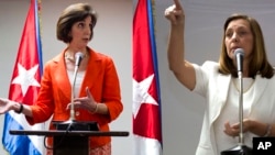 Assistant Secretary of State of the Bureau of Western Hemisphere Affairs Roberta S. Jacobson gives a press briefing during the second day of talks with Cuban officials, in Havana, Cuba, Jan. 22, 2015.