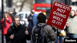 An anti-Brexit protester walks outside the Houses of Parliament in London, March 14, 2019.